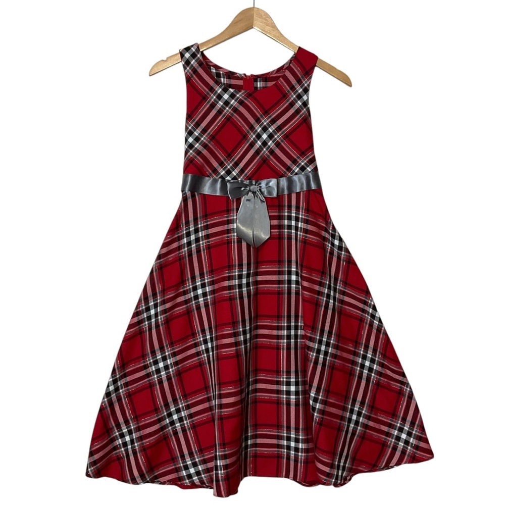 BONNIE JEAN sz 14 1/2 Dress Sleeveless Plaid Bow Front Ties in Back Red Gray
